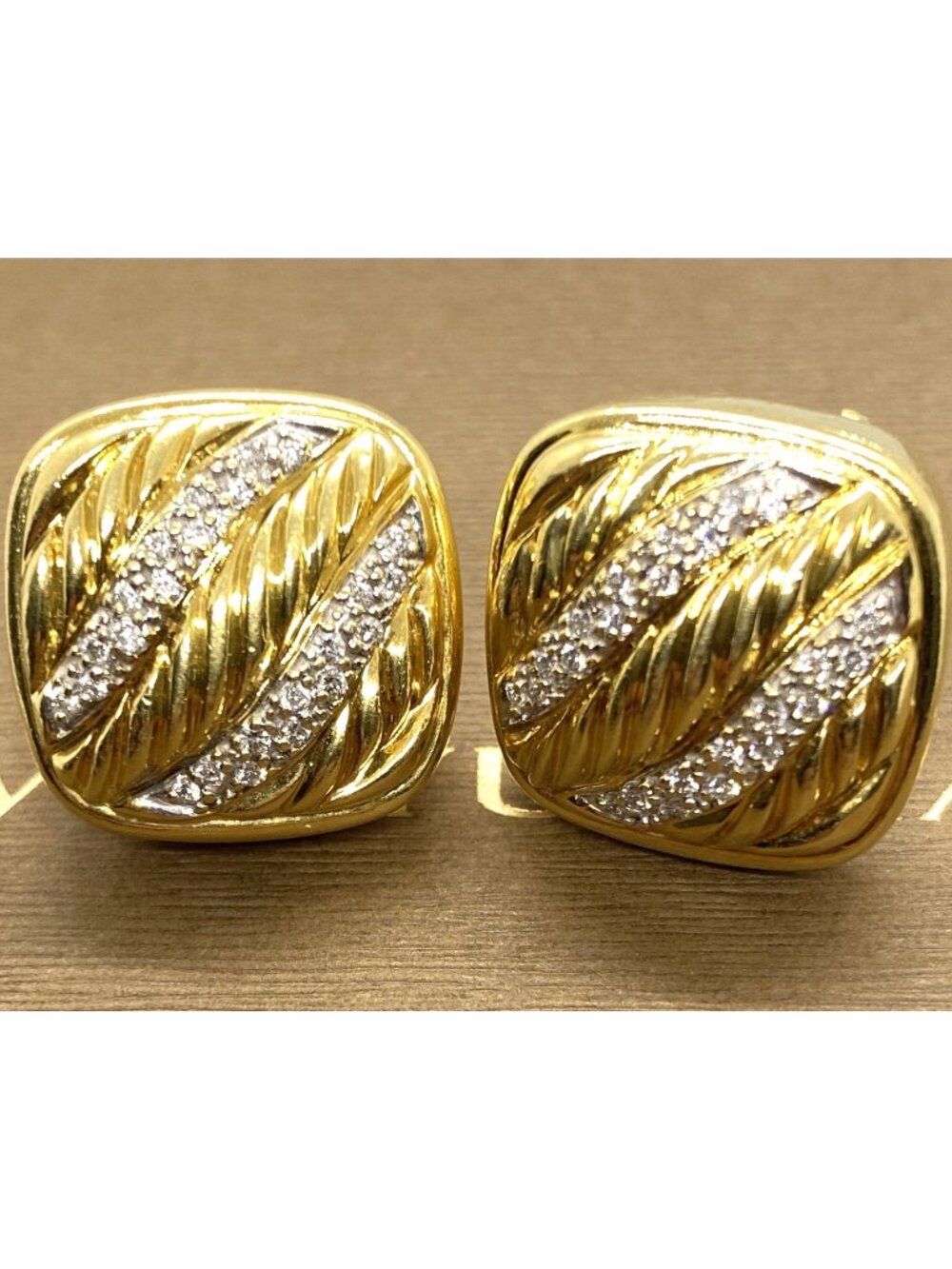 David Yurman 18K Yellow Gold Cable Pave Omega Back Earrings 18.3 x 18.3mm